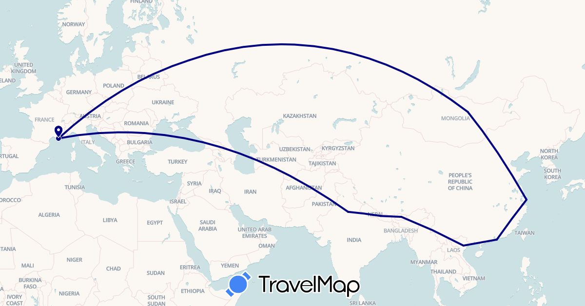 TravelMap itinerary: driving in Bhutan, China, France, Hong Kong, India, Mongolia, Nepal, Russia, Vietnam (Asia, Europe)