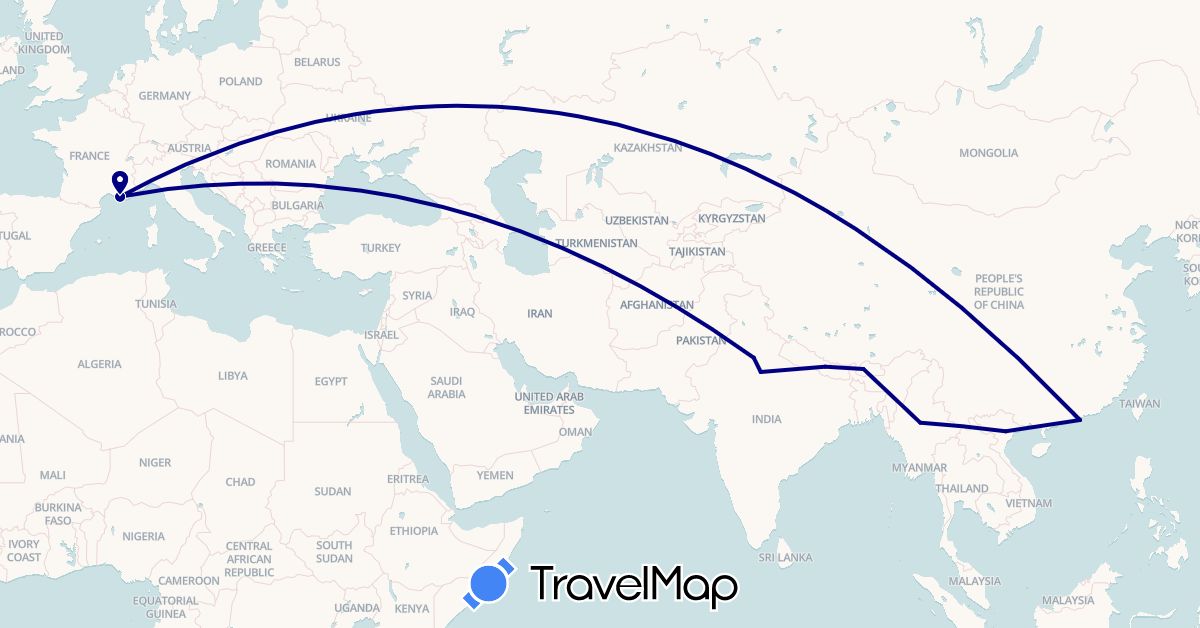 TravelMap itinerary: driving in Bhutan, France, Hong Kong, India, Myanmar (Burma), Nepal, Vietnam (Asia, Europe)